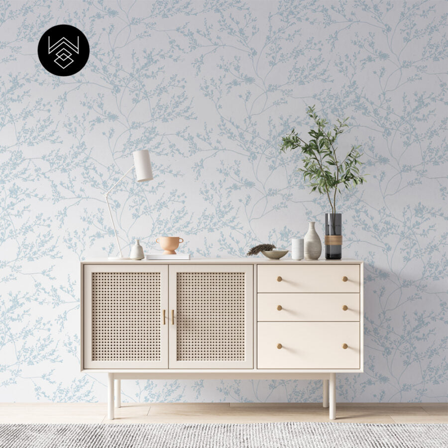 טפט ענפים ארוג תכלת על רקע לבן