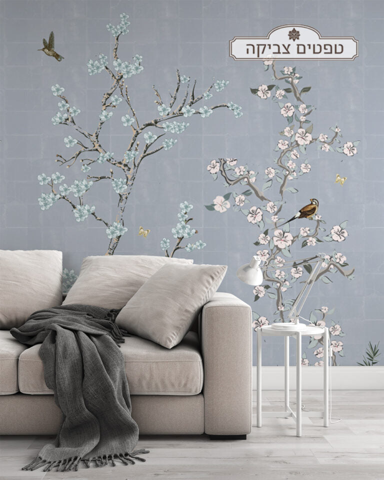 טפט קיר אריחים ועצים יפני