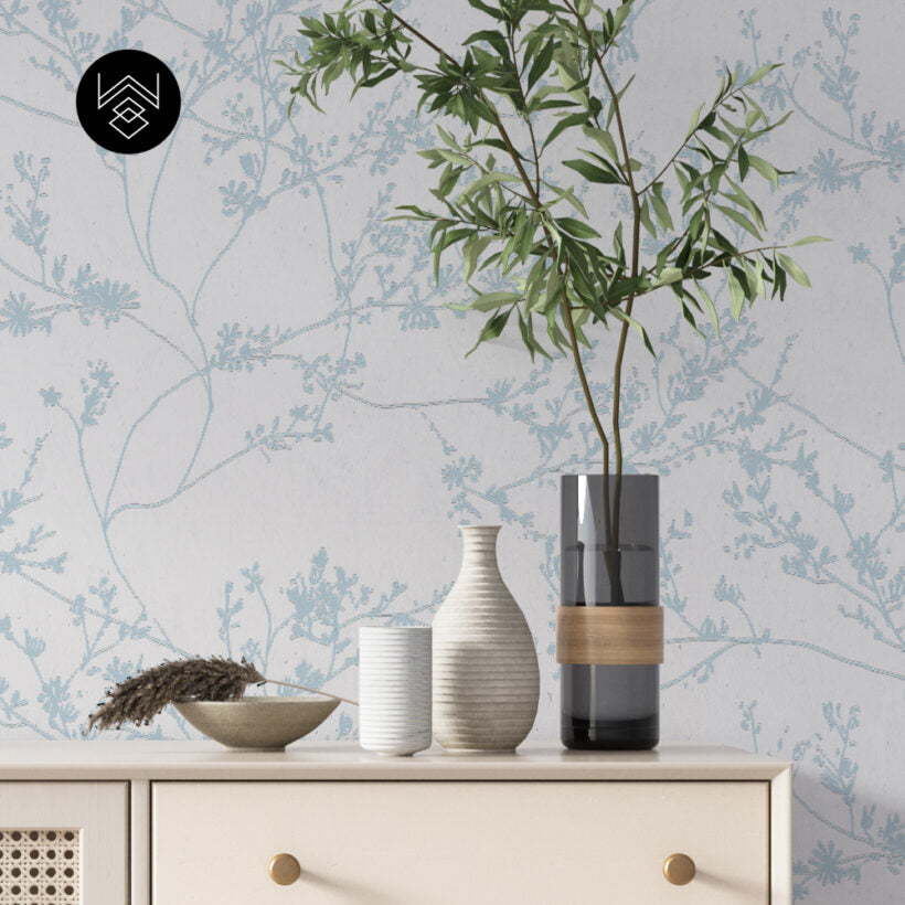 טפט ענפים ארוג תכלת על רקע לבן